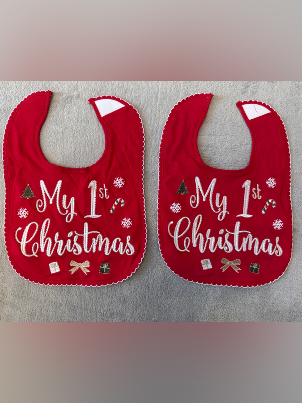 Twin- Red "My 1st Christmas" Baby Bib Set